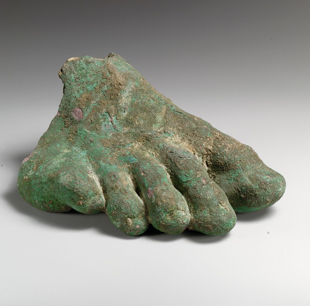 Bronze toes and instep of an over-lifesized right foot, Bronze, Roman 