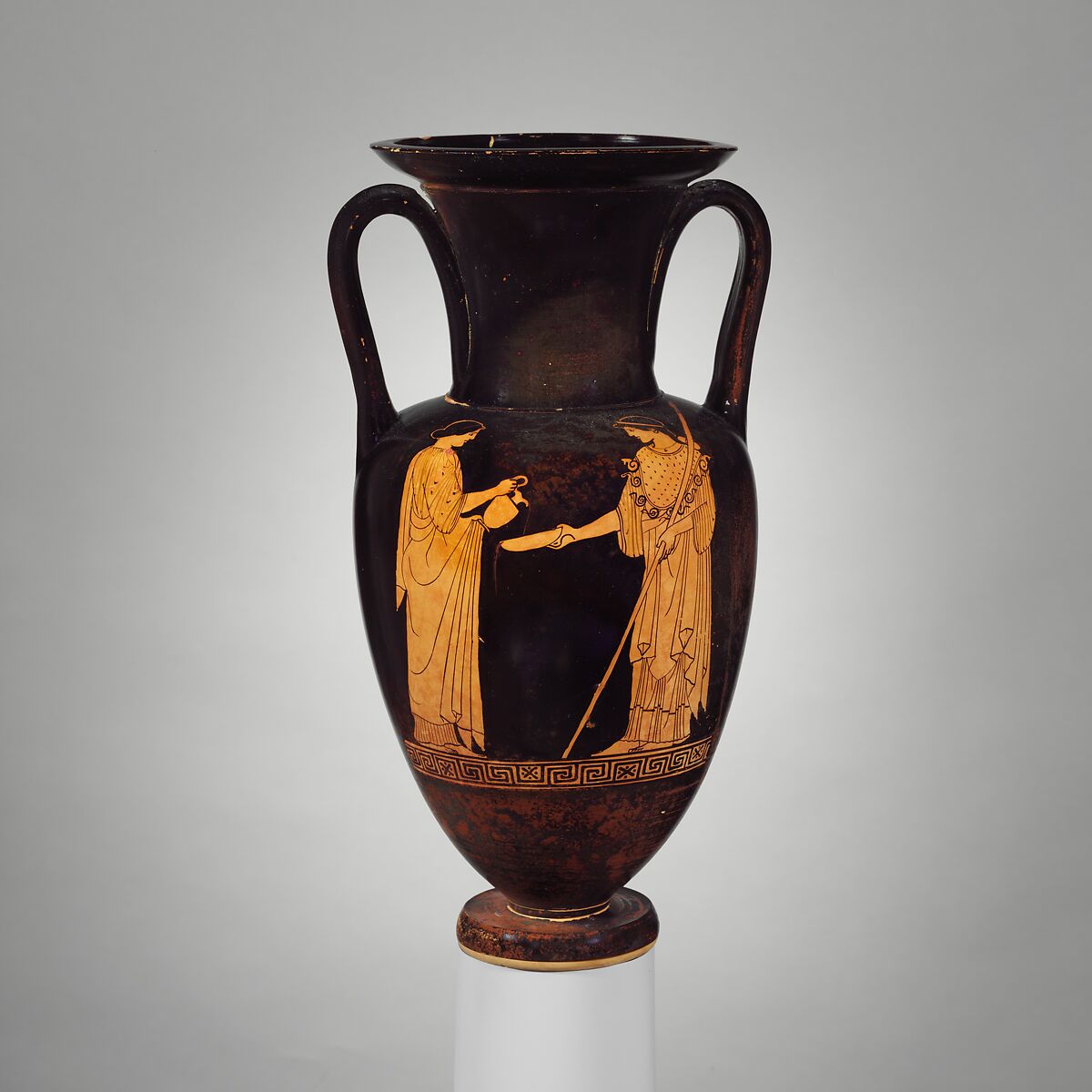 Terracotta Nolan neck-amphora (jar), Attributed to the Achilles Painter, Terracotta, Greek, Attic 