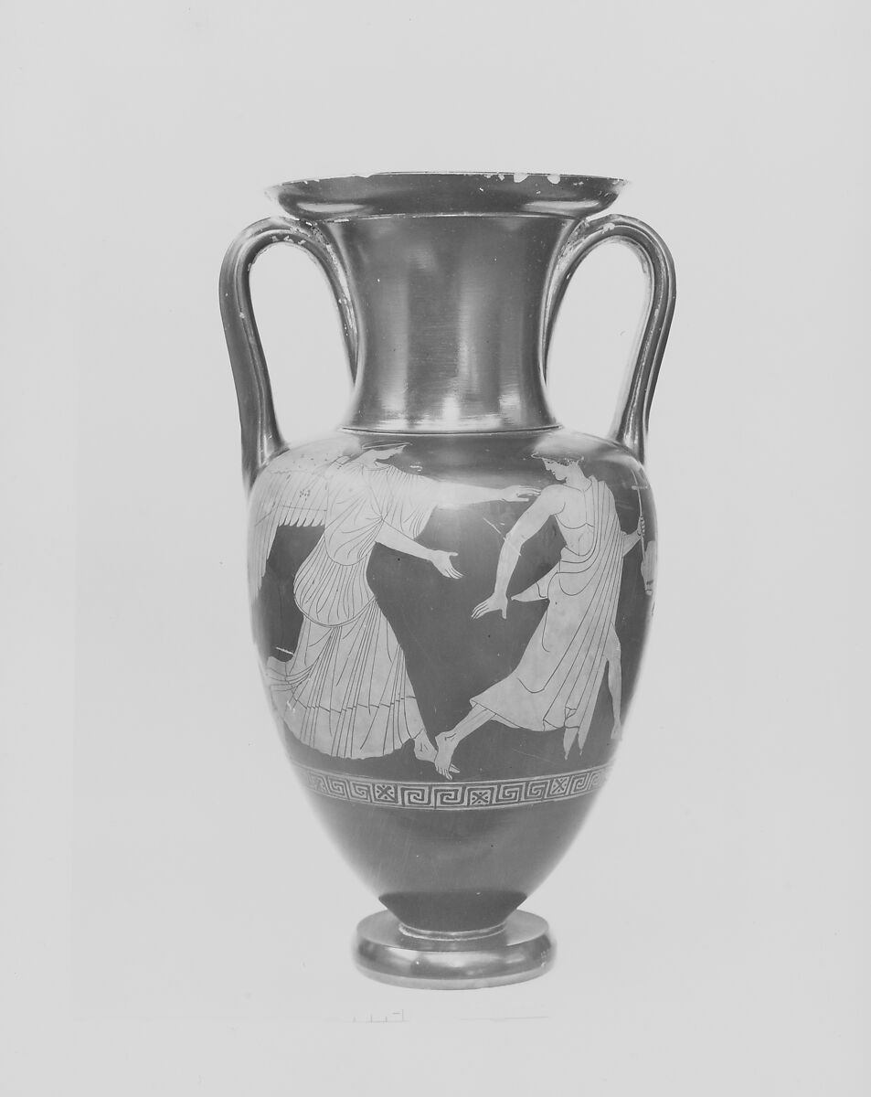 Terracotta Nolan neck-amphora (jar), Attributed to the Achilles Painter, Terracotta, Greek, Attic 