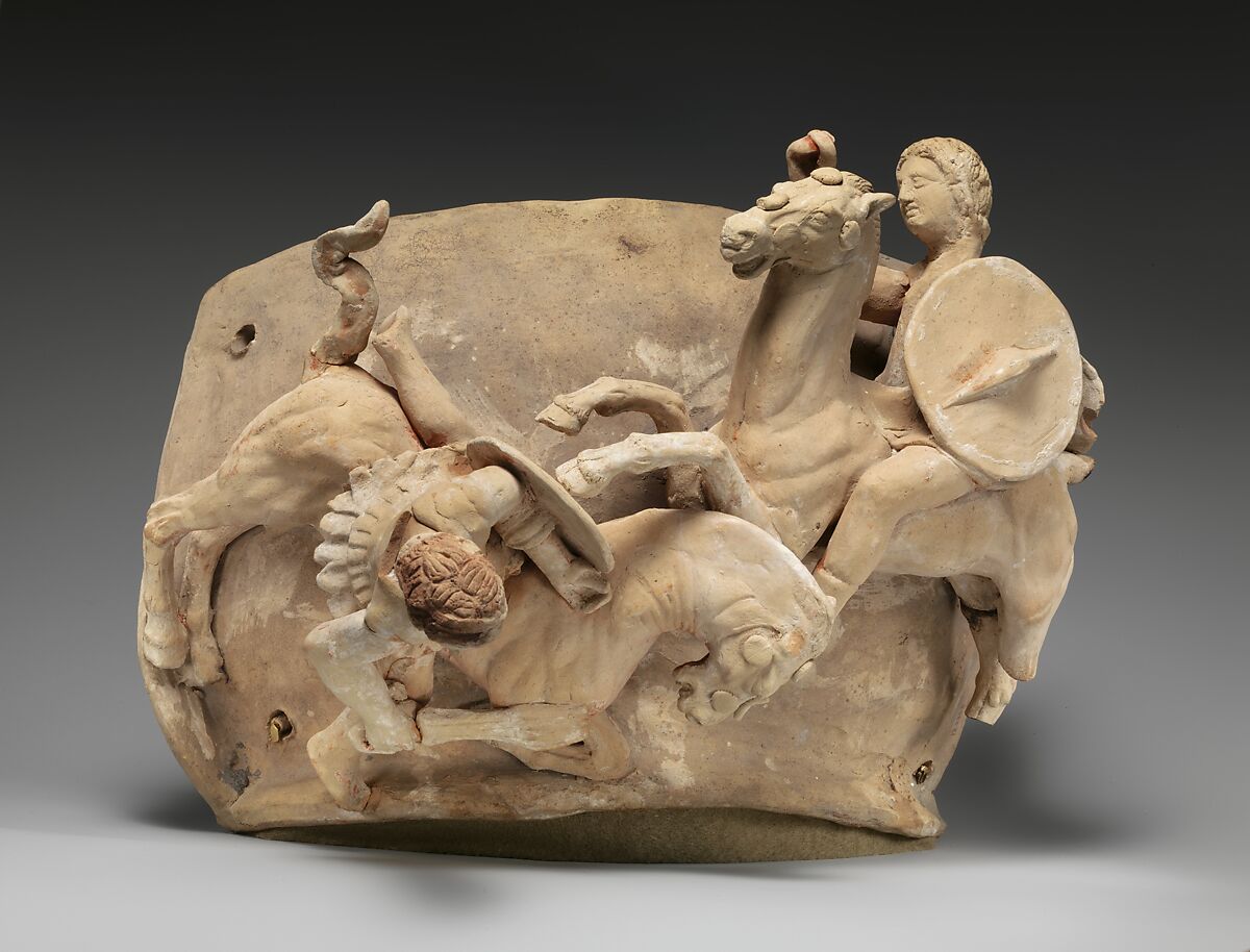 Terracotta relief probably from a funnel vase, Terracotta, Greek, South Italian, Apulian, Canosan 