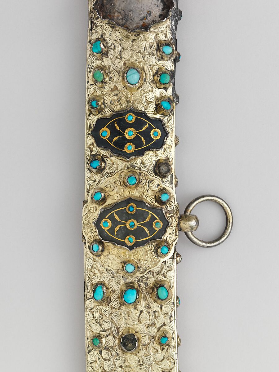 Scimitar with Scabbard, Steel, copper alloy (brass), silver, wood, gold, jade, turquoise, copper, Hilt and scabbard, Turkish; Blade, Iranian