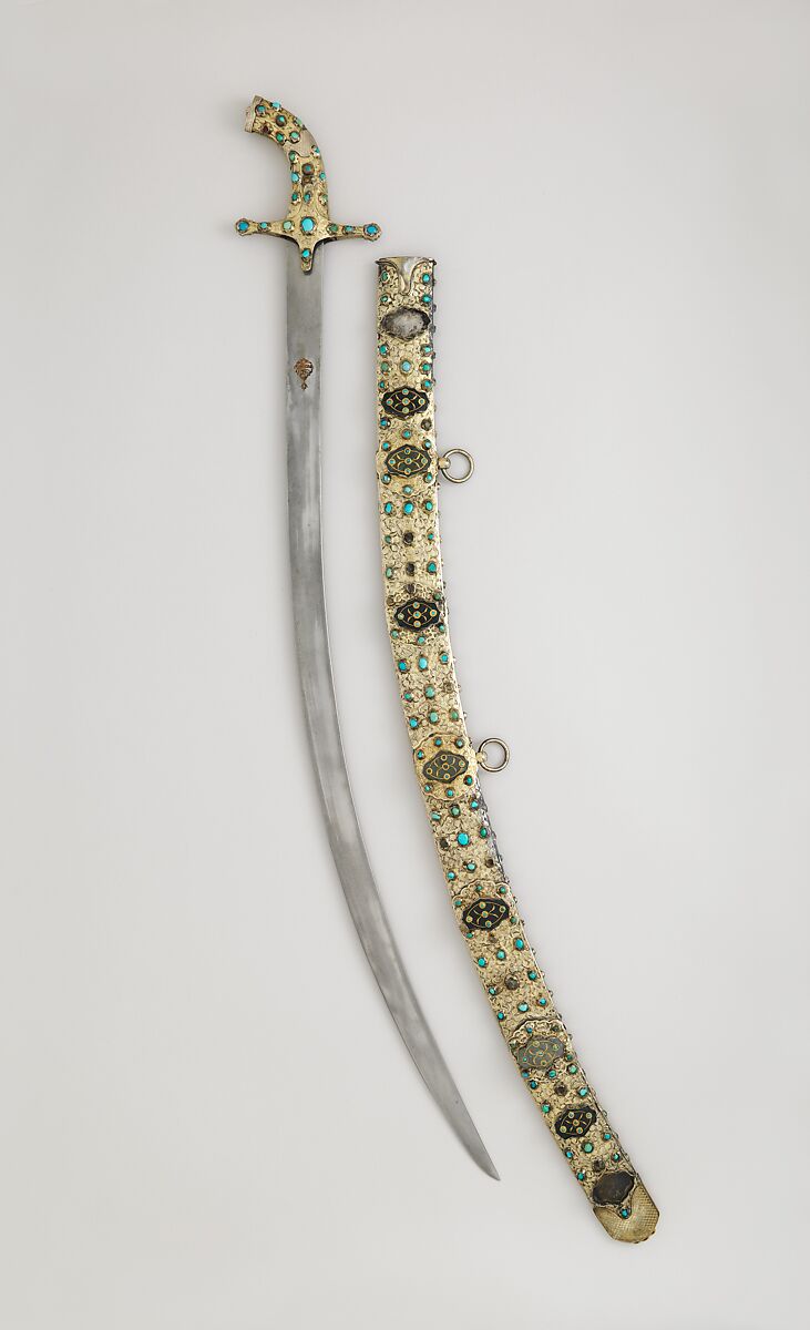 Scimitar with Scabbard, Steel, copper alloy (brass), silver, wood, gold, jade, turquoise, copper, Hilt and scabbard, Turkish; Blade, Iranian 