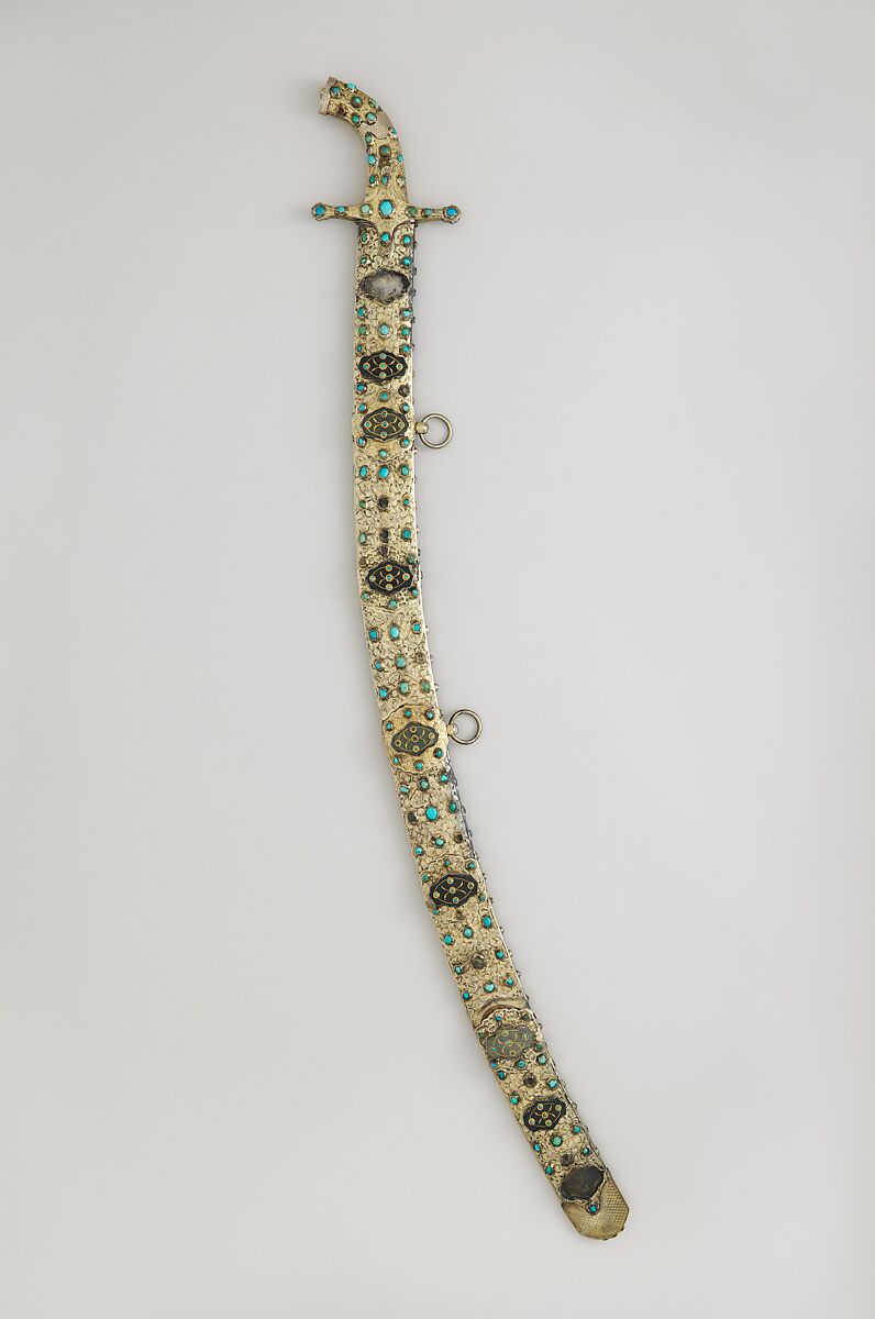 Scimitar with Scabbard, Steel, copper alloy (brass), silver, wood, gold, jade, turquoise, copper, Hilt and scabbard, Turkish; Blade, Iranian