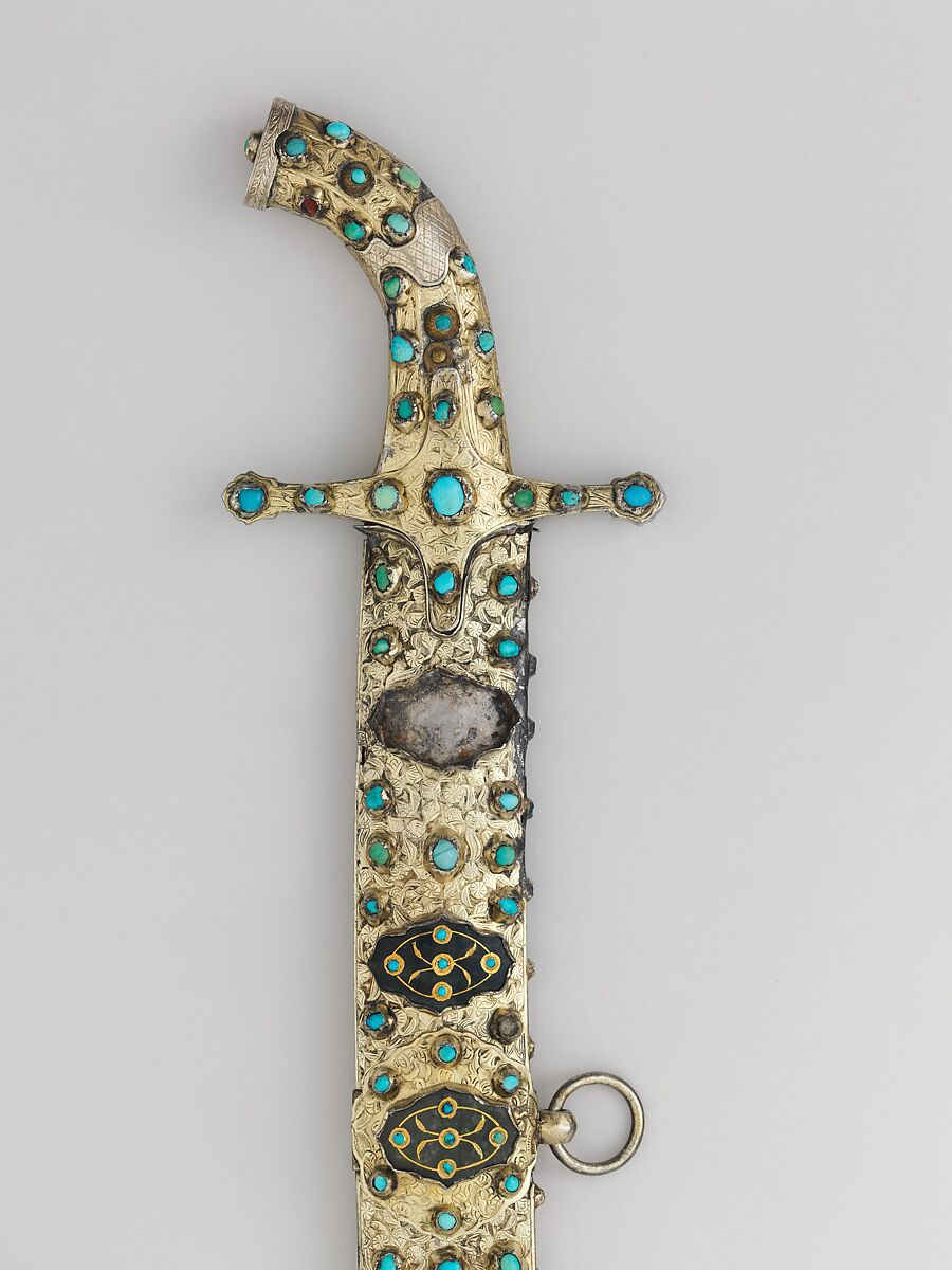 Scimitar with Scabbard, Steel, copper alloy (brass), silver, wood, gold, jade, turquoise, copper, Hilt and scabbard, Turkish; Blade, Iranian
