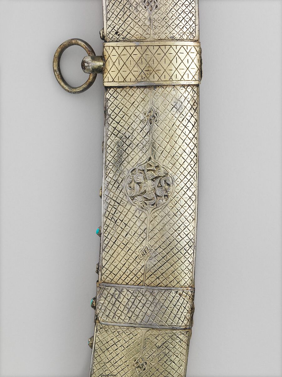 Scimitar with Scabbard, Steel, copper alloy (brass), silver, wood, gold, jade, turquoise, copper, Hilt and scabbard, Turkish; Blade, Iranian