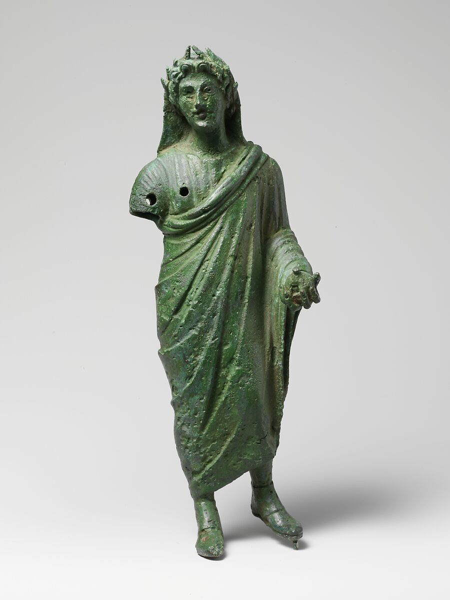 Bronze statuette of a priest sacrificing, Bronze, Roman 