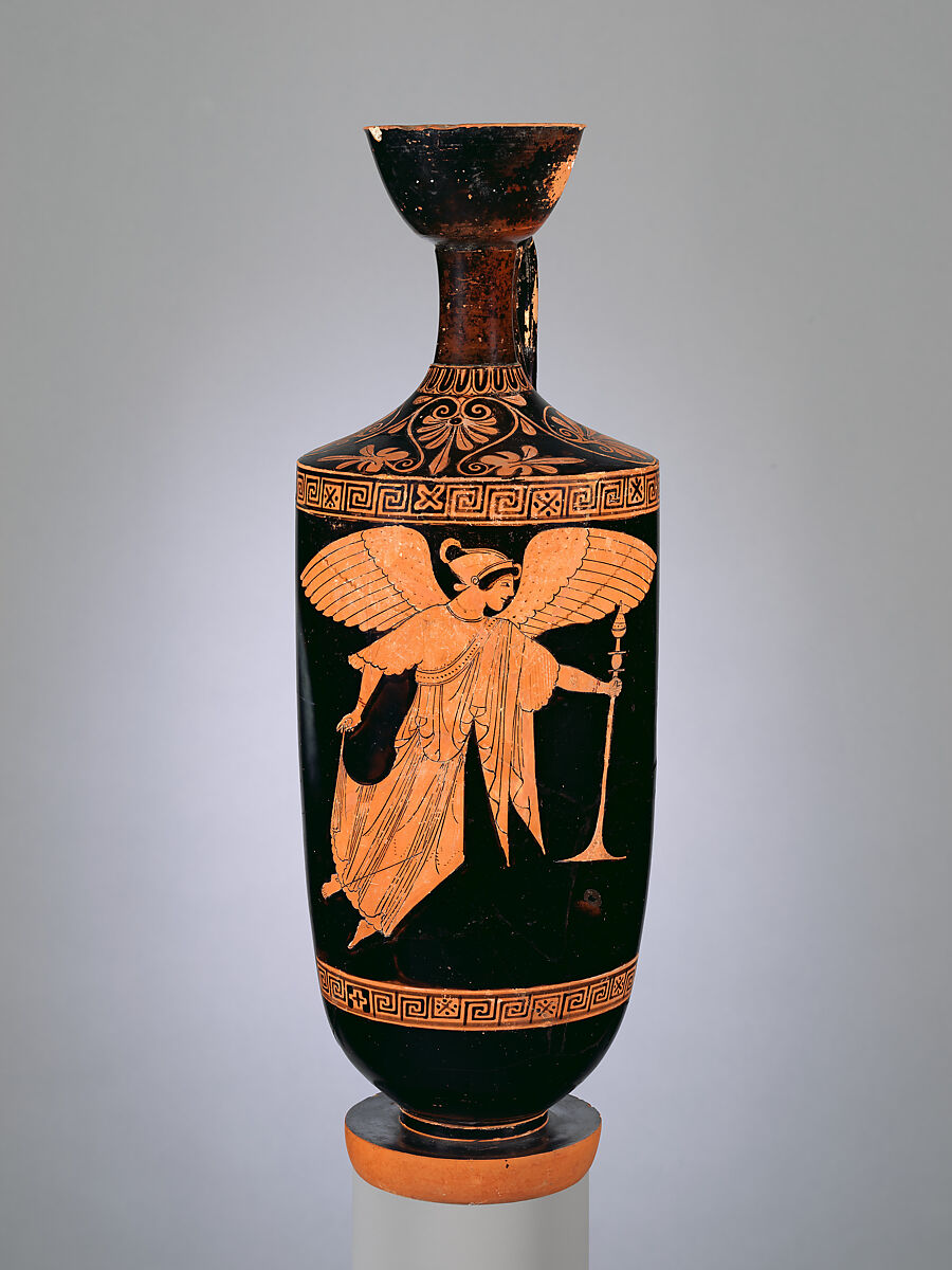 Terracotta lekythos (oil flask), Attributed to the Dutuit Painter, Terracotta, Greek, Attic 