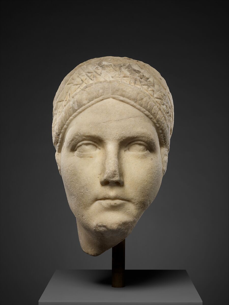 Marble portrait, probably of Matidia, niece of the emperor Trajan and mother of Sabina, wife of the emperor Hadrian, Marble, Roman 