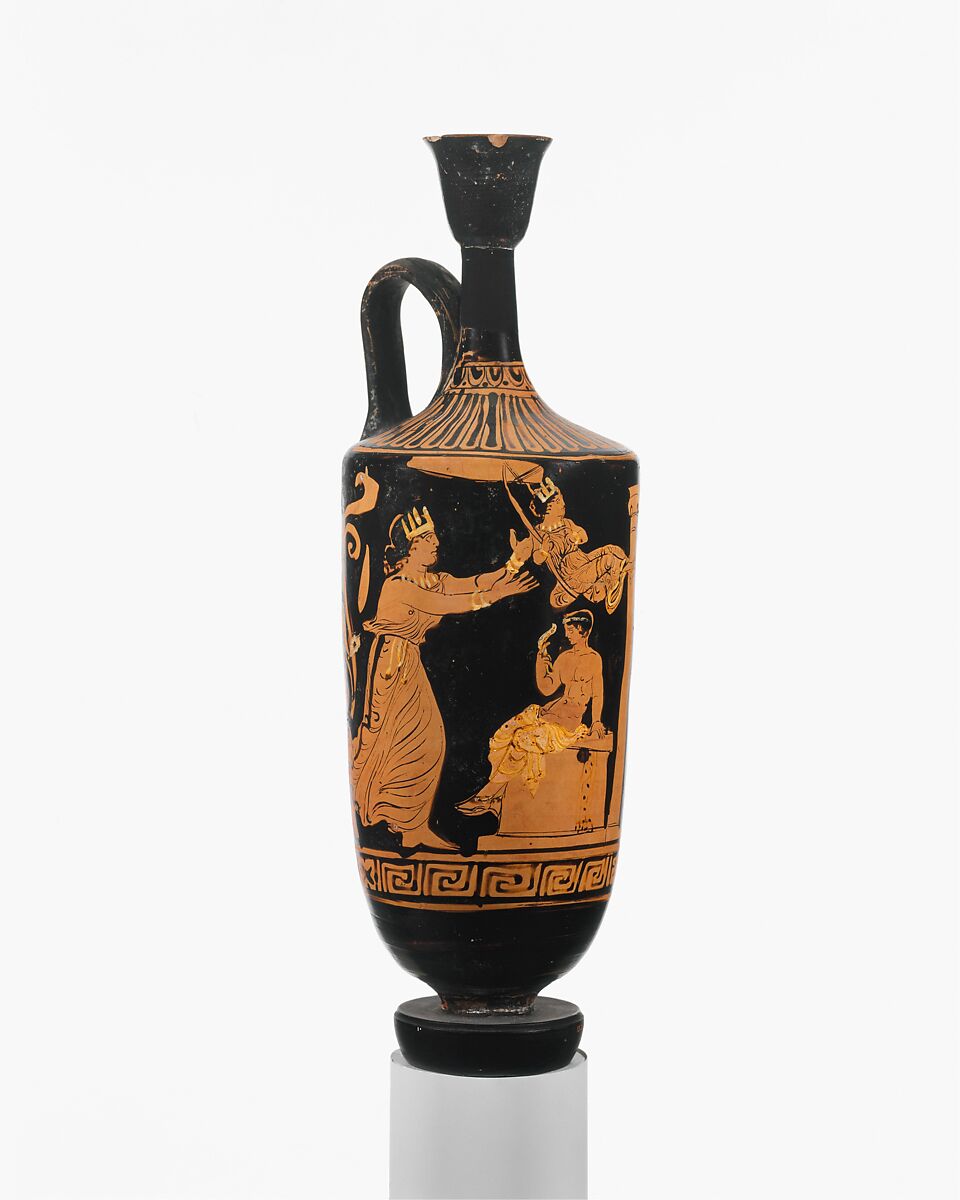 Terracotta lekythos (oil flask), Associated in style with the Lecce Painter, Terracotta, Greek, South Italian, Apulian 