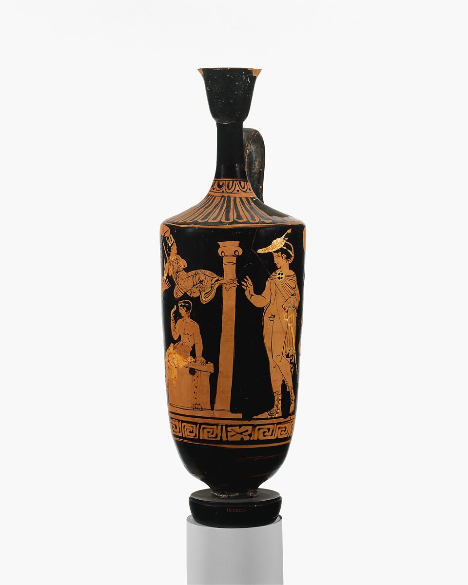 Terracotta lekythos (oil flask), Associated in style with the Lecce Painter, Terracotta, Greek, South Italian, Apulian