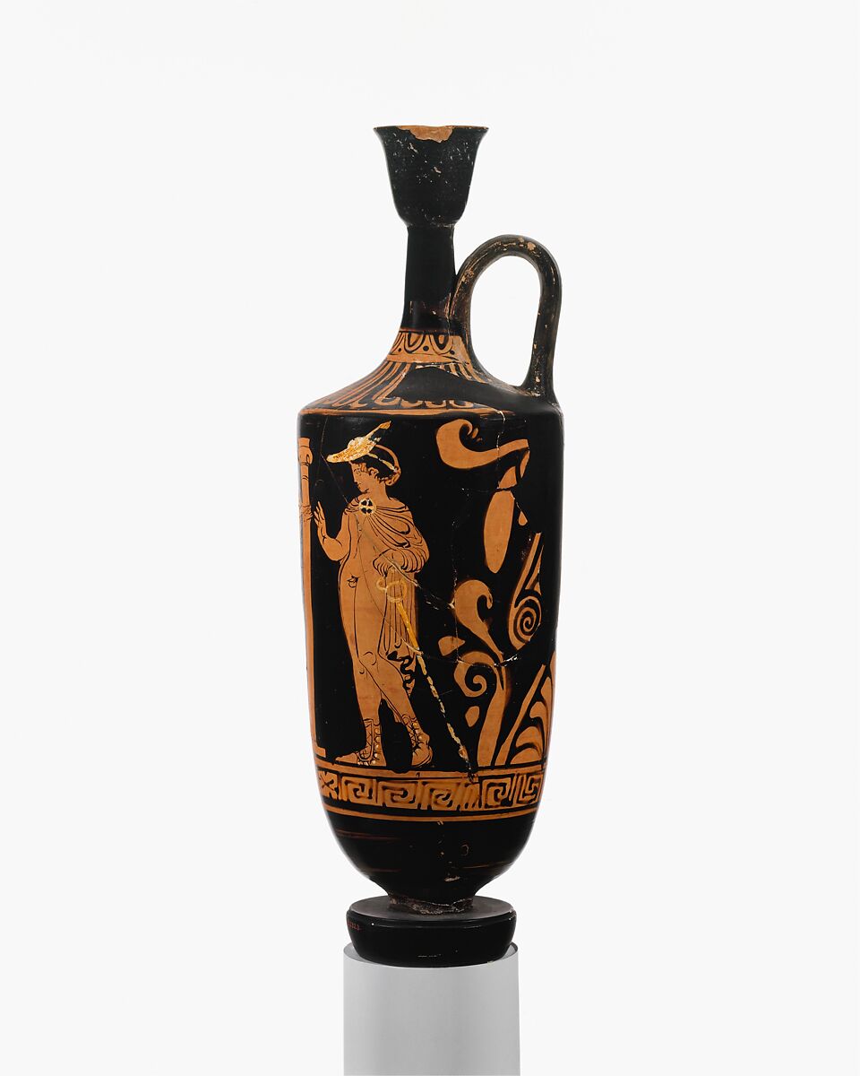 Terracotta lekythos (oil flask), Associated in style with the Lecce Painter, Terracotta, Greek, South Italian, Apulian