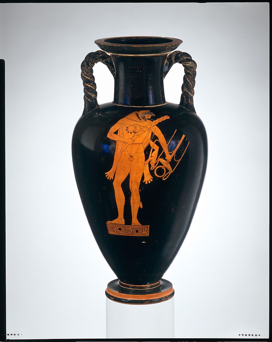 Terracotta neck-amphora (jar) with twisted handles, Kleophrades Painter, Terracotta, Greek, Attic