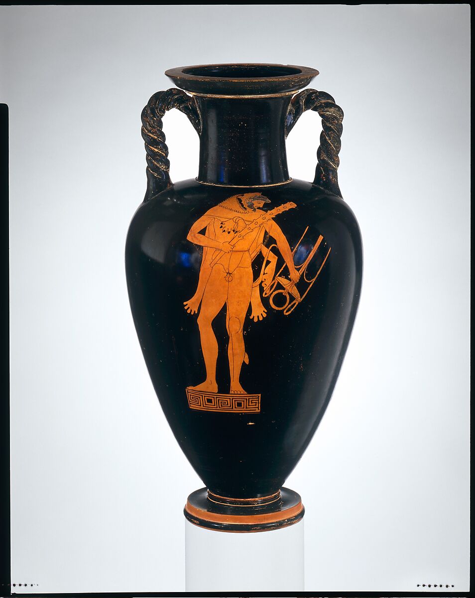 Terracotta neck-amphora (jar) with twisted handles, Attributed to the Kleophrades Painter, Terracotta, Greek, Attic 