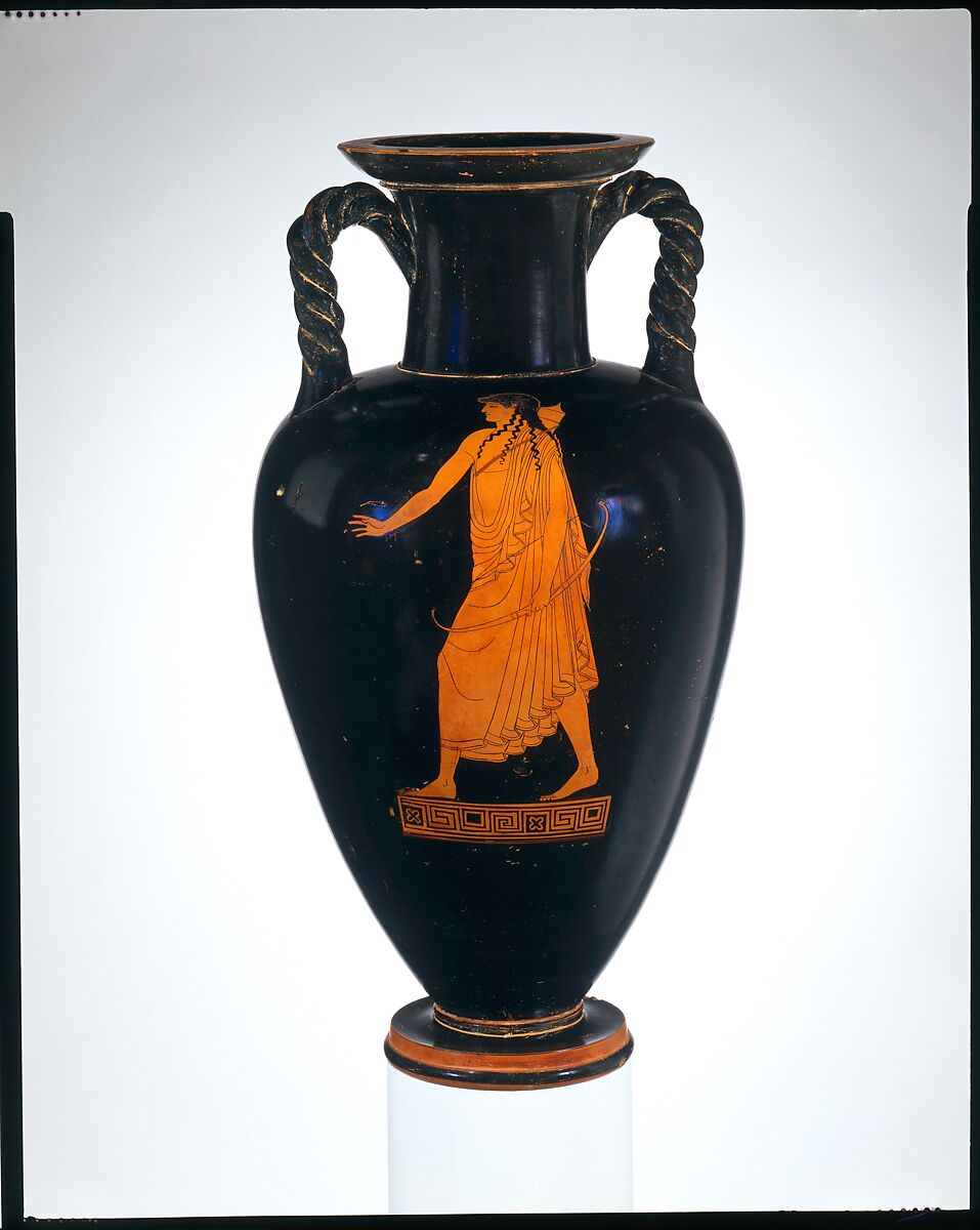 Terracotta neck-amphora (jar) with twisted handles, Attributed to the Kleophrades Painter, Terracotta, Greek, Attic