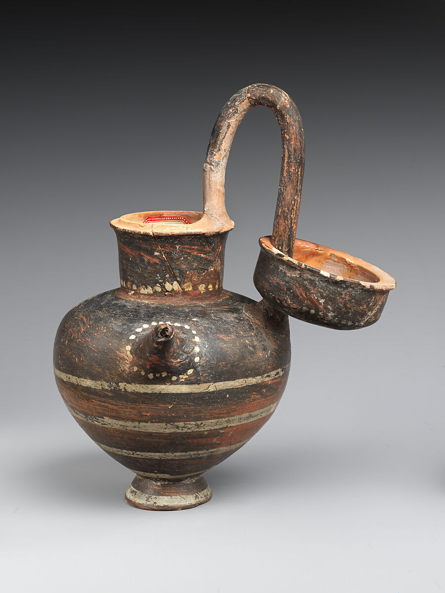 Terracotta spouted jug with high handle and slip lid, Terracotta, Lydian