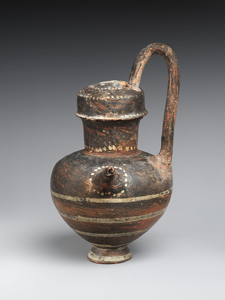 Terracotta spouted jug with high handle and slip lid, Terracotta, Lydian