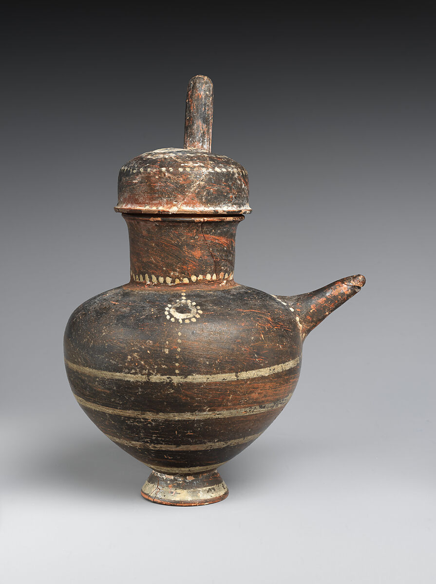 Terracotta spouted jug with high handle and slip lid, Terracotta, Lydian