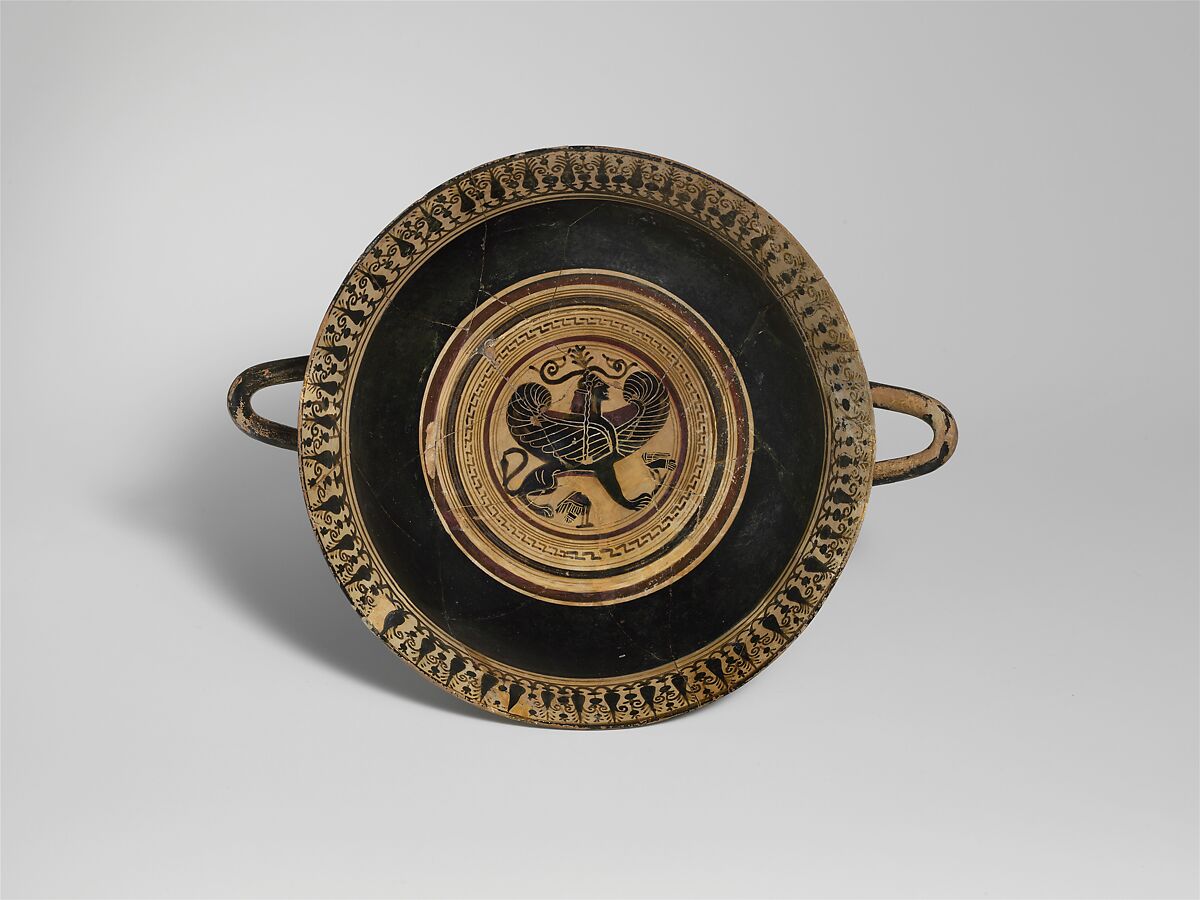 Terracotta kylix (drinking cup), Terracotta, Greek, Laconian 