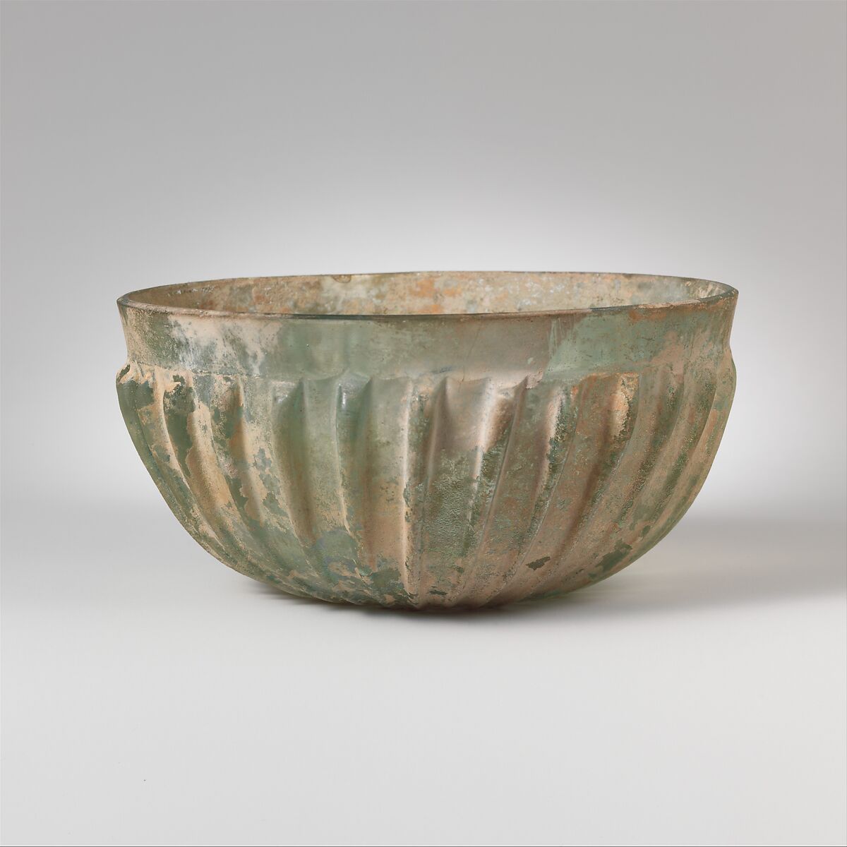 Glass hemispherical ribbed bowl, Glass, Roman 