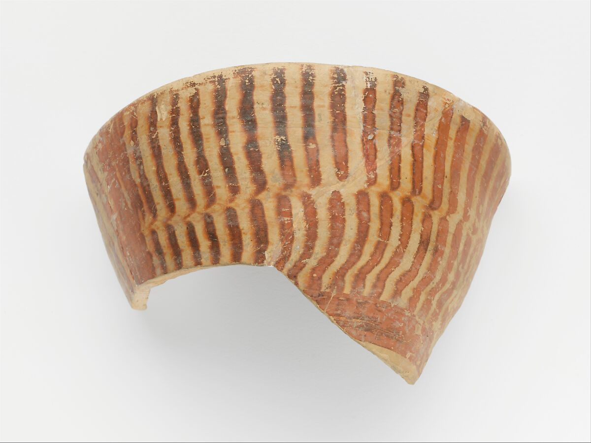 Terracotta rim and upper body fragment from a straight-sided cup with tortoiseshell ripple motif, Terracotta, Minoan 