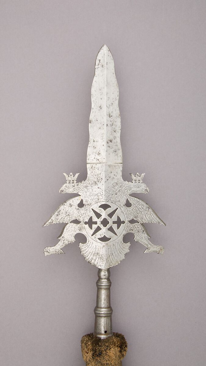 Ceremonial Partisan of the Swiss Guard of the Prince Electors of Saxony, Steel, wood, textile (silk), German, Saxony 