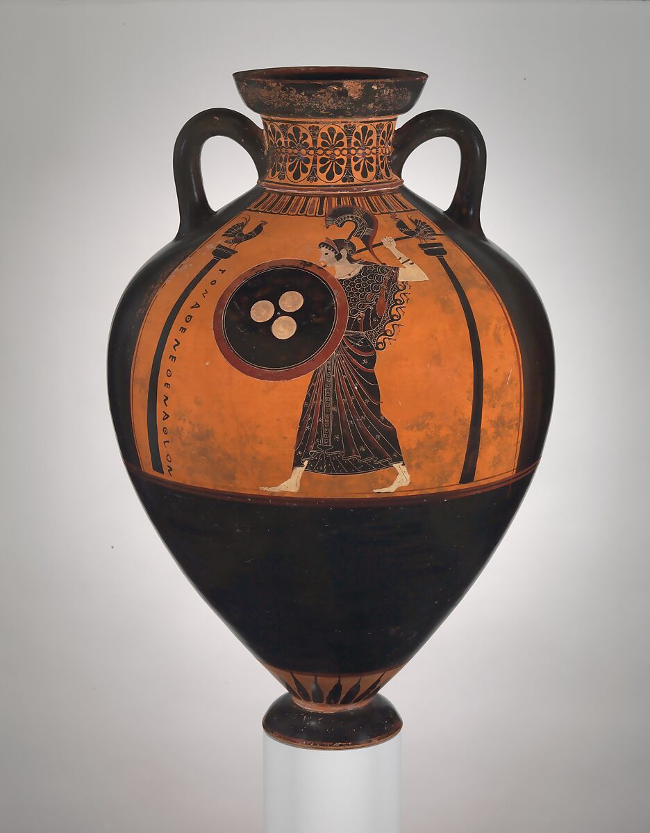Terracotta Panathenaic prize amphora, Attributed to the Euphiletos Painter, Terracotta, Greek, Attic