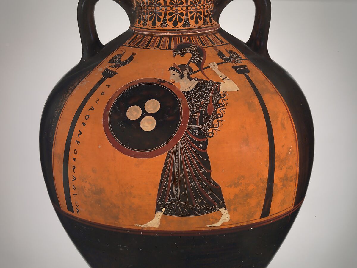 Terracotta Panathenaic prize amphora, Attributed to the Euphiletos Painter, Terracotta, Greek, Attic