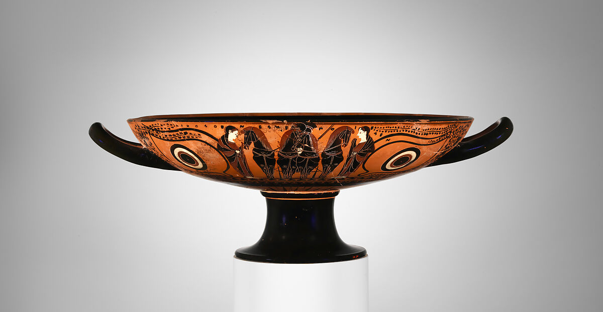 Terracotta kylix: eye-cup (drinking cup), Signed by Nikosthenes as potter, Terracotta, Greek, Attic