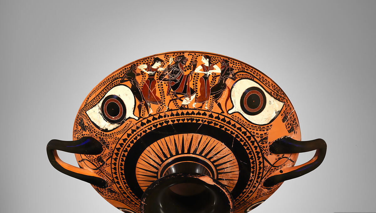 Terracotta kylix: eye-cup (drinking cup), Signed by Nikosthenes as potter, Terracotta, Greek, Attic 