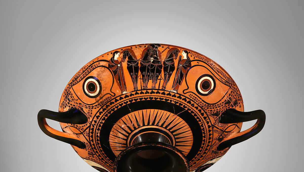 Terracotta kylix: eye-cup (drinking cup), Signed by Nikosthenes as potter, Terracotta, Greek, Attic