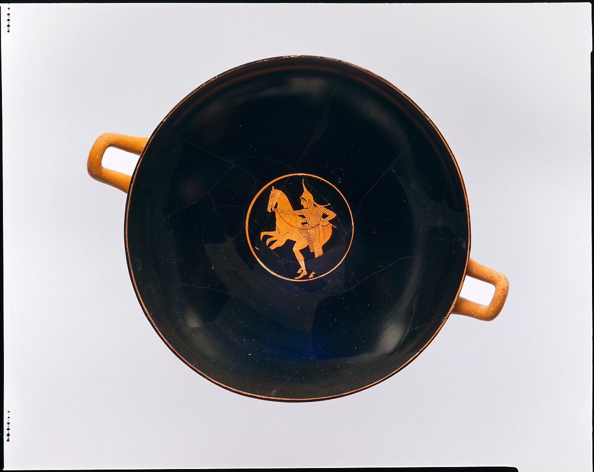 Terracotta kylix (drinking cup), Attributed to Psiax, Terracotta, Greek, Attic 