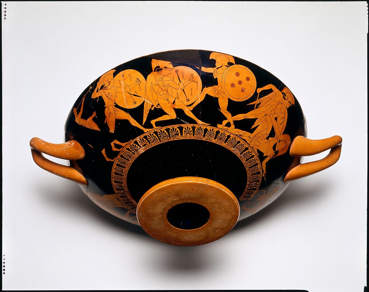 Terracotta kylix (drinking cup), Attributed to Psiax, Terracotta, Greek, Attic