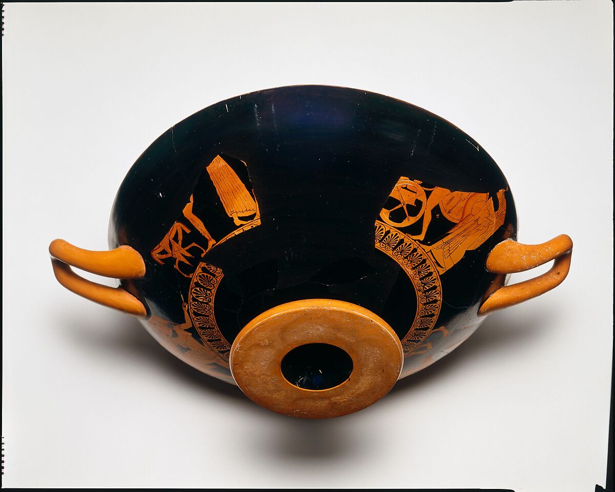 Terracotta kylix (drinking cup), Attributed to Psiax, Terracotta, Greek, Attic