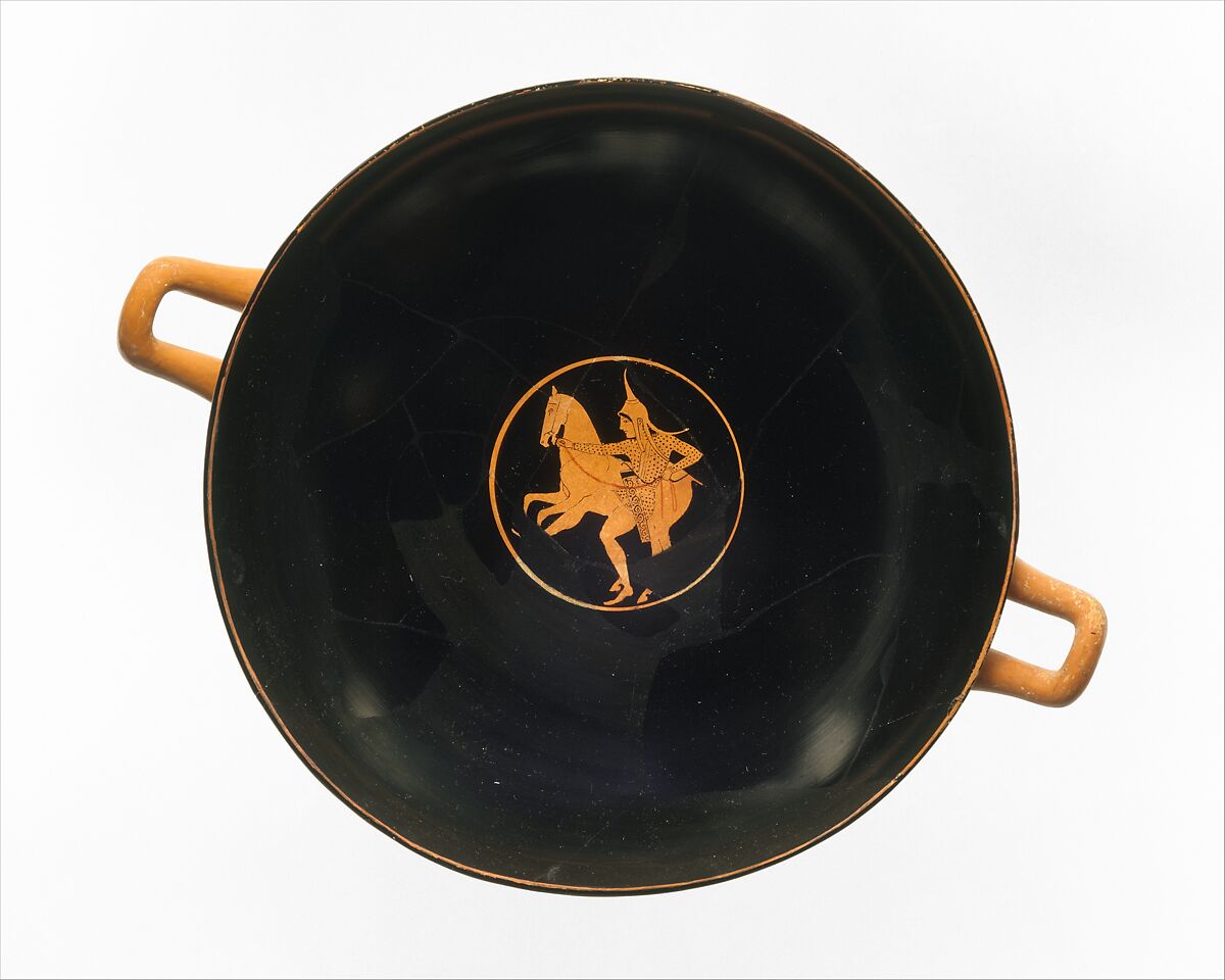 Terracotta kylix (drinking cup), Attributed to Psiax, Terracotta, Greek, Attic