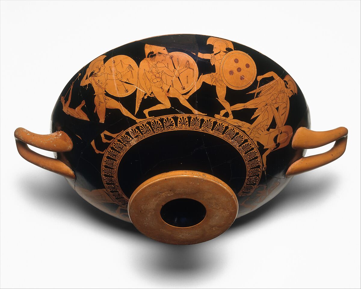 Terracotta kylix (drinking cup), Attributed to Psiax, Terracotta, Greek, Attic