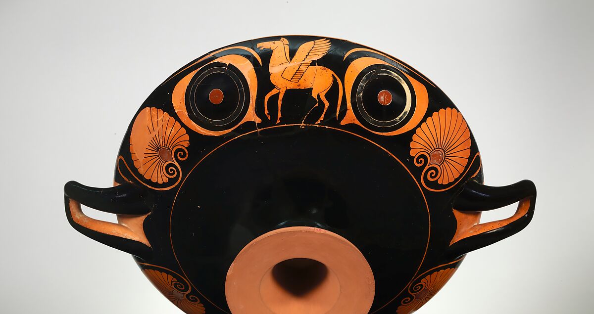 Terracotta kylix (drinking cup), Attributed to Psiax, Terracotta, Greek, Attic