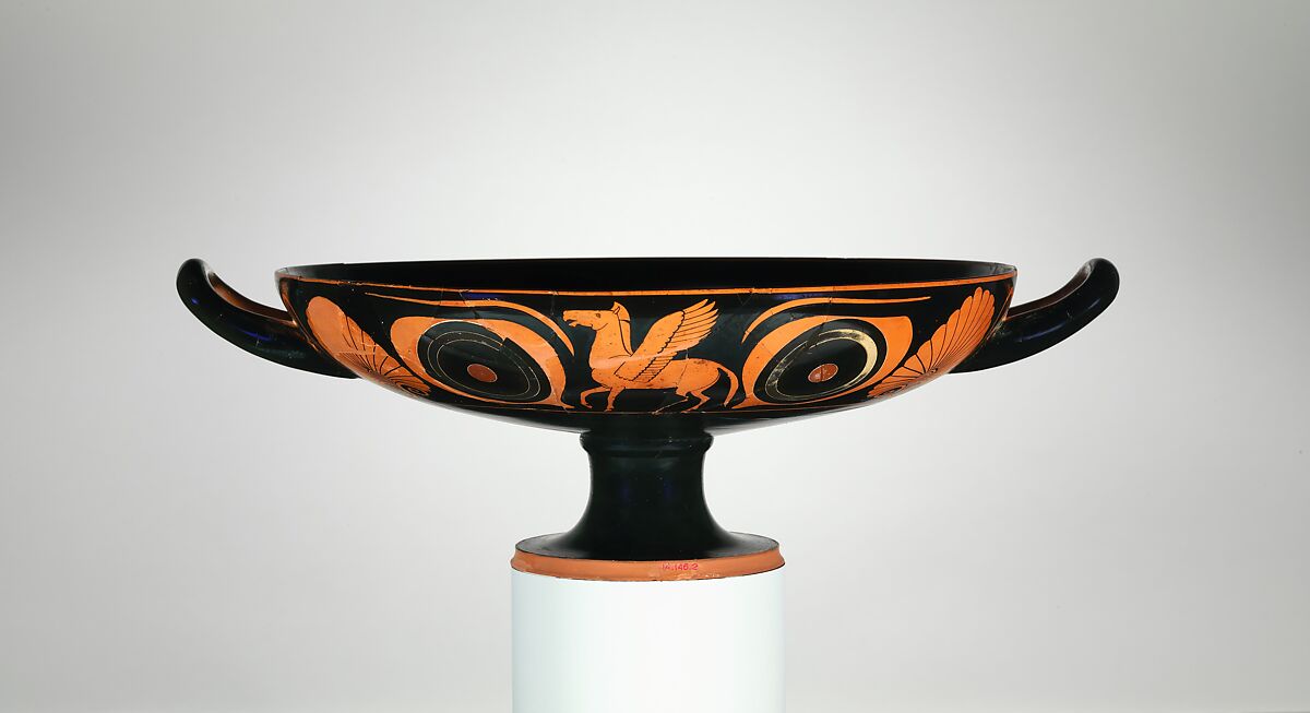 Terracotta kylix (drinking cup), Attributed to Psiax, Terracotta, Greek, Attic 