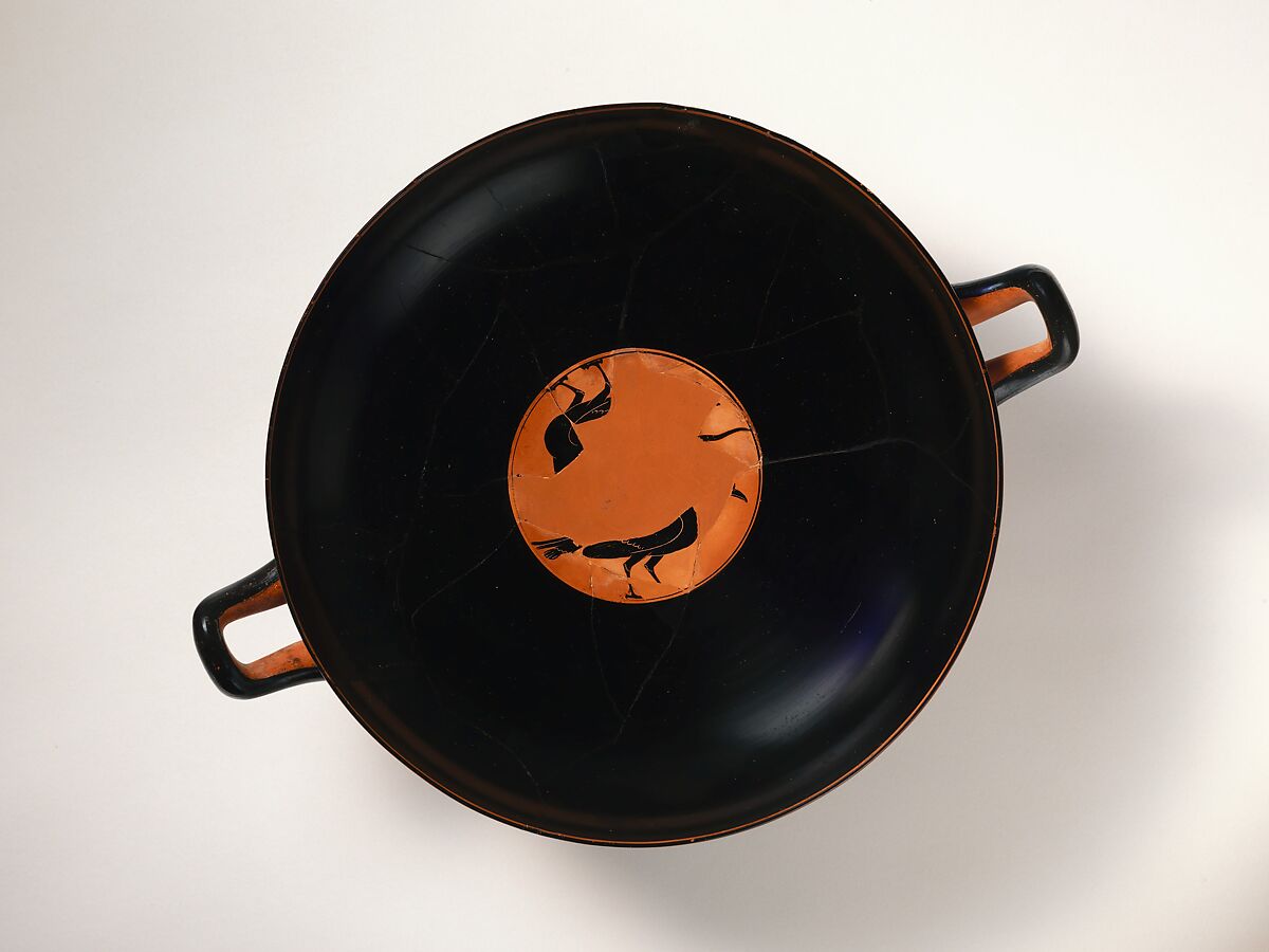 Terracotta kylix (drinking cup), Attributed to Psiax, Terracotta, Greek, Attic