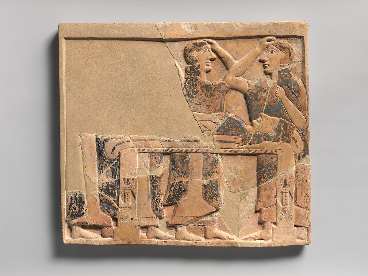 Terracotta funerary plaque, Terracotta, Greek, Attic 