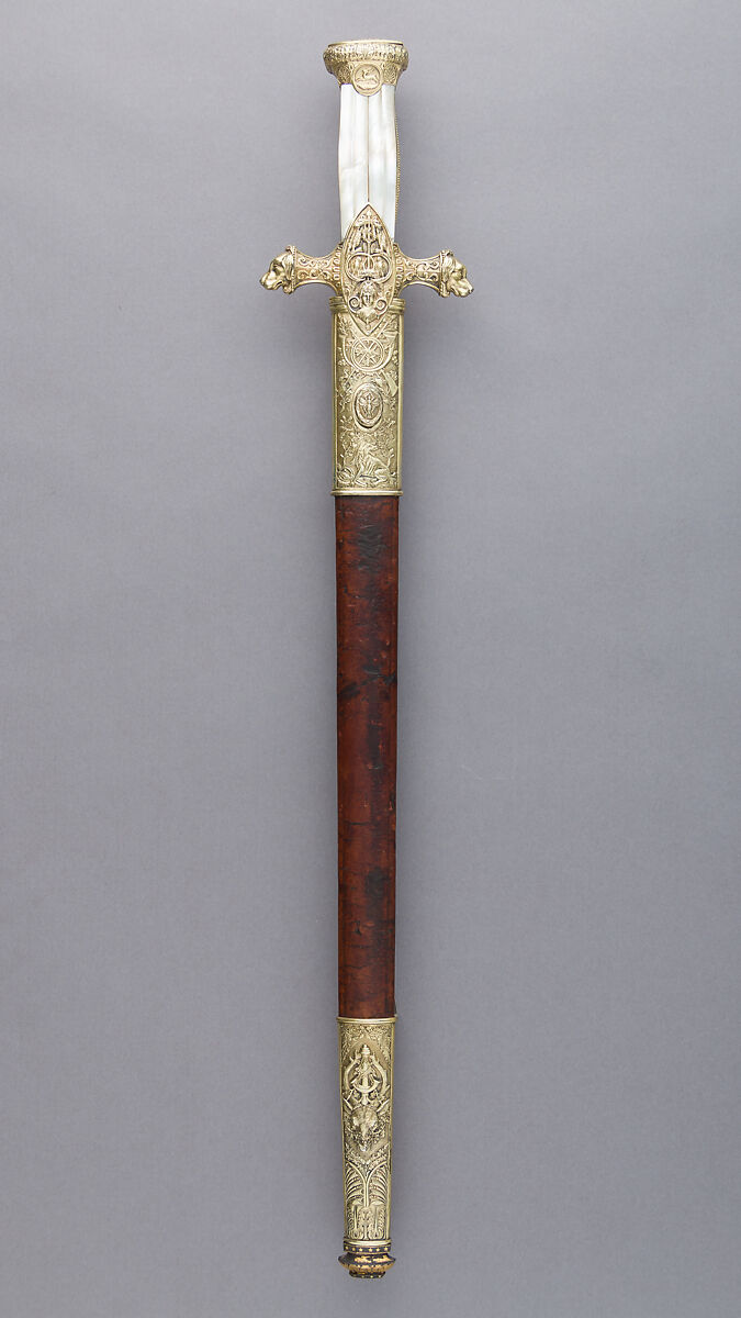 Hunting Sword of Prince Camillo Borghese (1775–1832), François Pirmet (French, Paris, recorded 1779–1818), Silver-gilt, steel, leather, mother-of-pearl, French, Paris