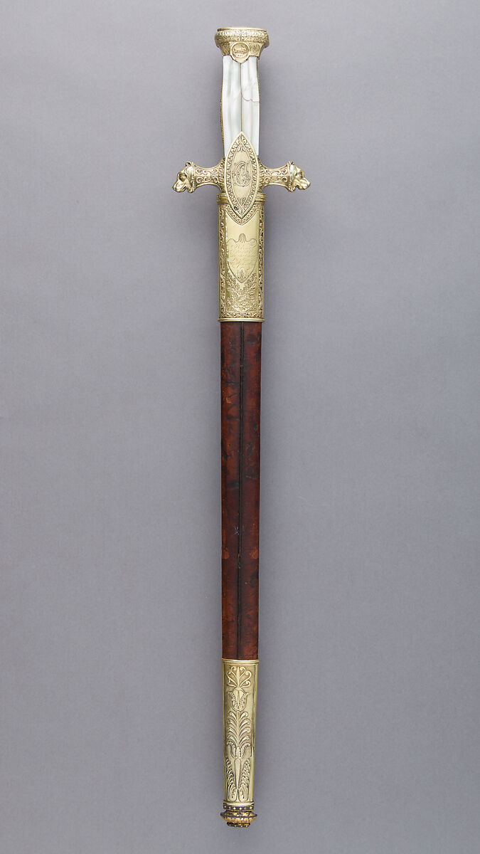 Hunting Sword of Prince Camillo Borghese (1775–1832), François Pirmet (French, Paris, recorded 1779–1818), Silver-gilt, steel, leather, mother-of-pearl, French, Paris