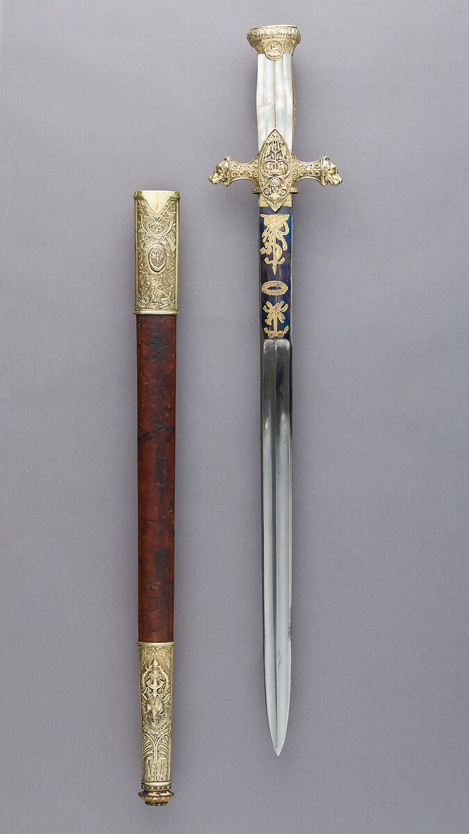 Hunting Sword of Prince Camillo Borghese (1775–1832), François Pirmet (French, Paris, recorded 1779–1818), Silver-gilt, steel, leather, mother-of-pearl, French, Paris 