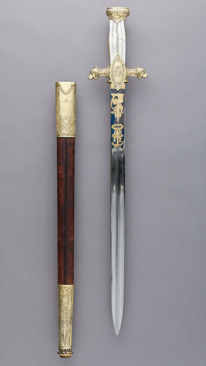 Hunting Sword of Prince Camillo Borghese (1775–1832), François Pirmet (French, Paris, recorded 1779–1818), Silver-gilt, steel, leather, mother-of-pearl, French, Paris