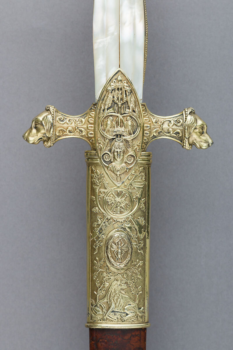 Hunting Sword of Prince Camillo Borghese (1775–1832), François Pirmet (French, Paris, recorded 1779–1818), Silver-gilt, steel, leather, mother-of-pearl, French, Paris