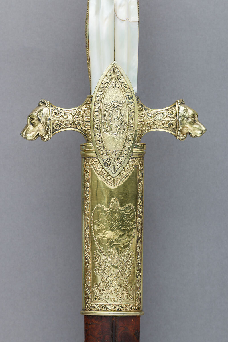 Hunting Sword of Prince Camillo Borghese (1775–1832), François Pirmet (French, Paris, recorded 1779–1818), Silver-gilt, steel, leather, mother-of-pearl, French, Paris