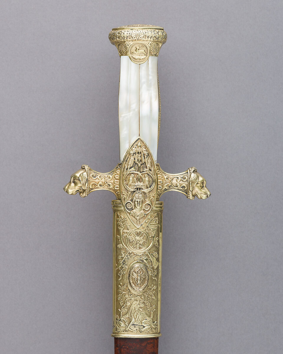 Hunting Sword of Prince Camillo Borghese (1775–1832), François Pirmet (French, Paris, recorded 1779–1818), Silver-gilt, steel, leather, mother-of-pearl, French, Paris