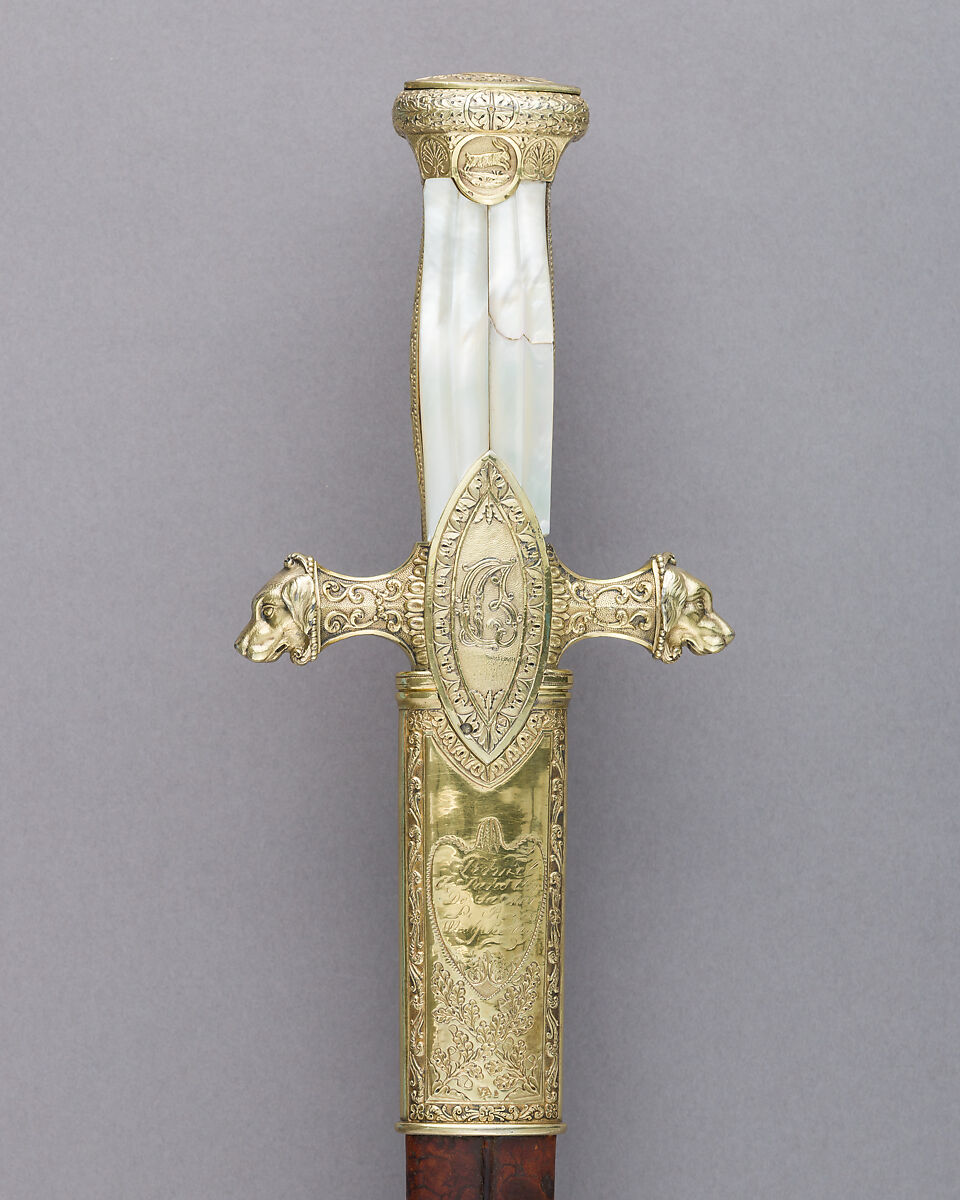 Hunting Sword of Prince Camillo Borghese (1775–1832), François Pirmet (French, Paris, recorded 1779–1818), Silver-gilt, steel, leather, mother-of-pearl, French, Paris