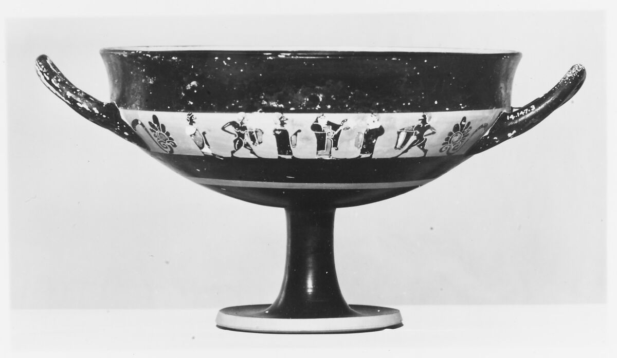 Kylix, band-cup, Attributed to near the BMN Painter, Terracotta, Greek, Attic 
