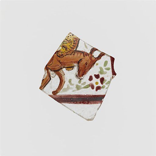 Glass fragment with painted scene, Glass, paint, Roman 