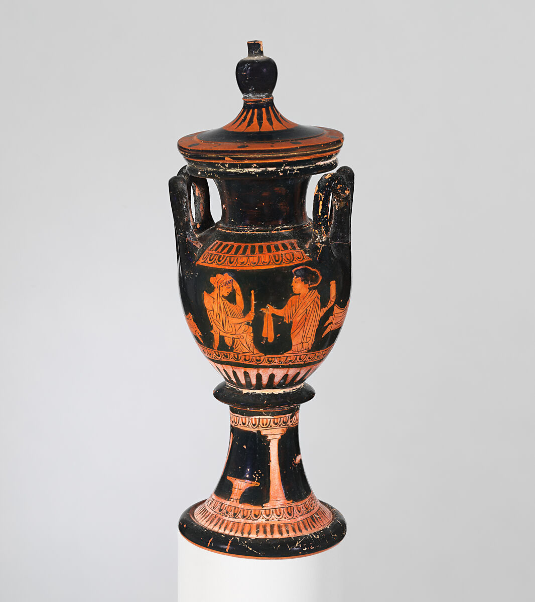 Terracotta lebes gamikos (round-bottomed bowl with handles and stand used in weddings), Attributed to the Group of Berlin 2406, Terracotta, Greek, Attic 